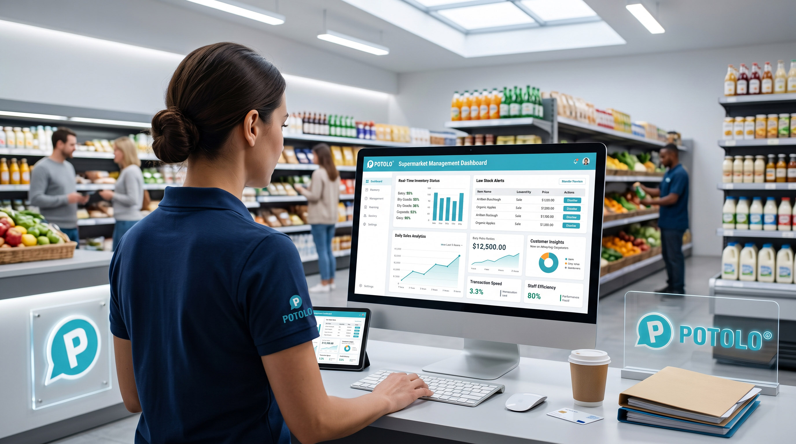 Supermarket staff reviewing the Potolo supermarket management dashboard